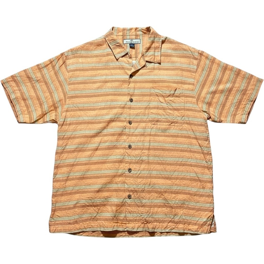 Tommy Bahama Mens Large Orange Striped 100% Silk Short Sleeve Camp Shirt Tropics